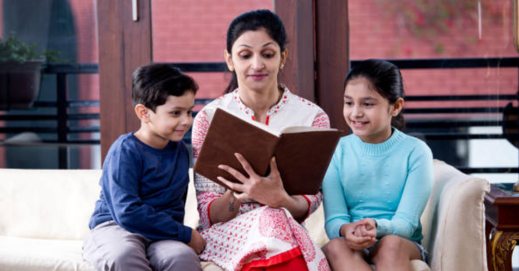 A mother and kids reading stories together