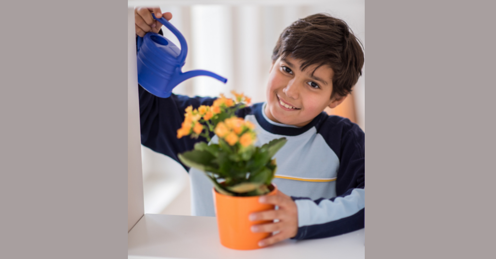 Boy watering flowers