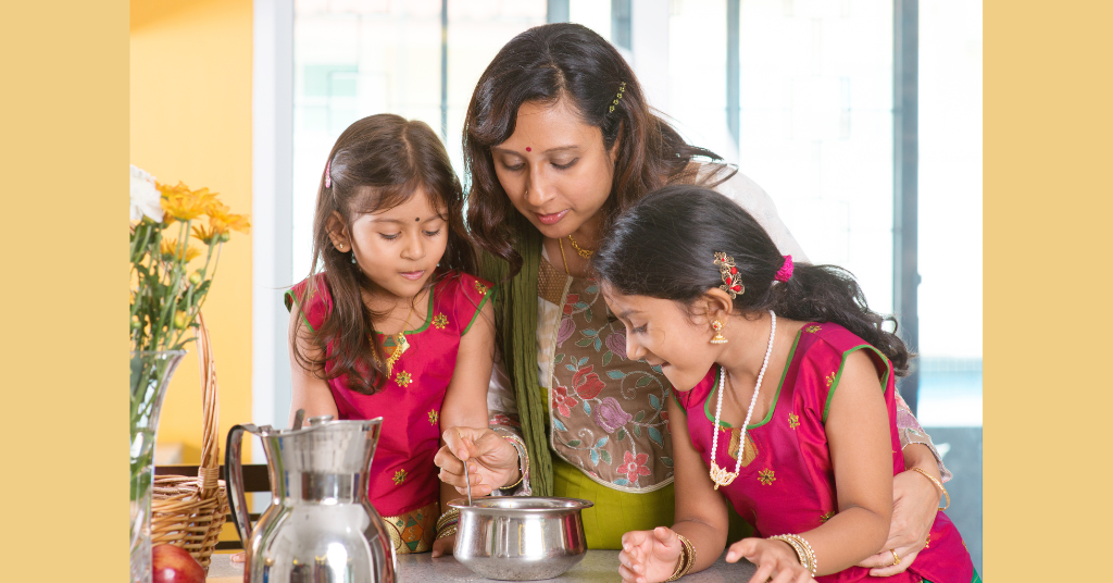 Kids cooking with their mother