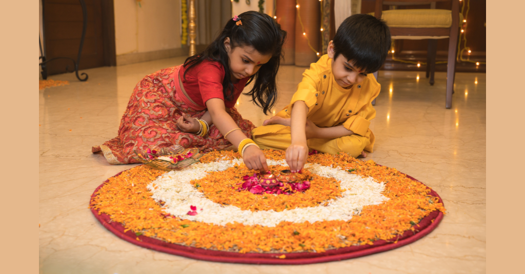 Kids making rangoli