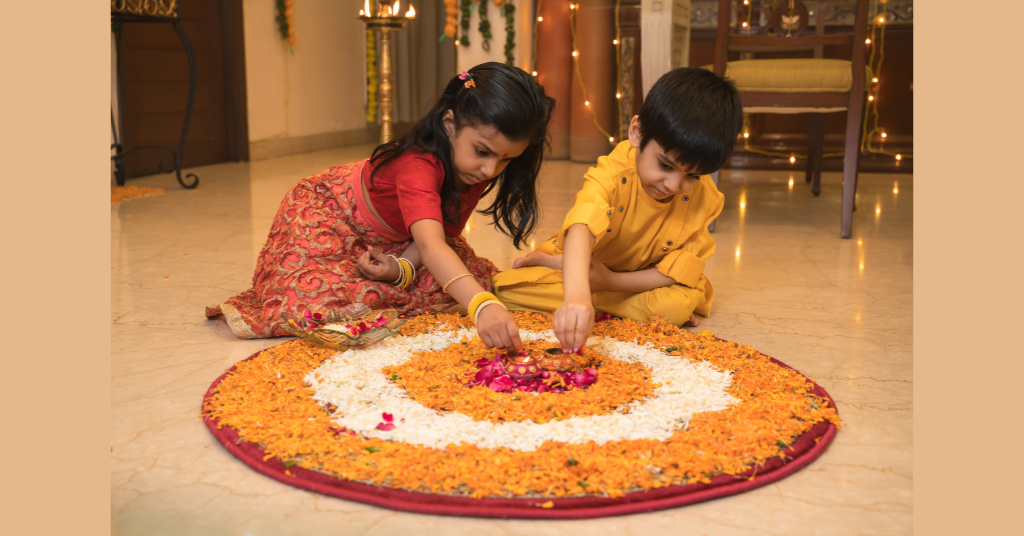 Kids making rangoli for Janmashtami